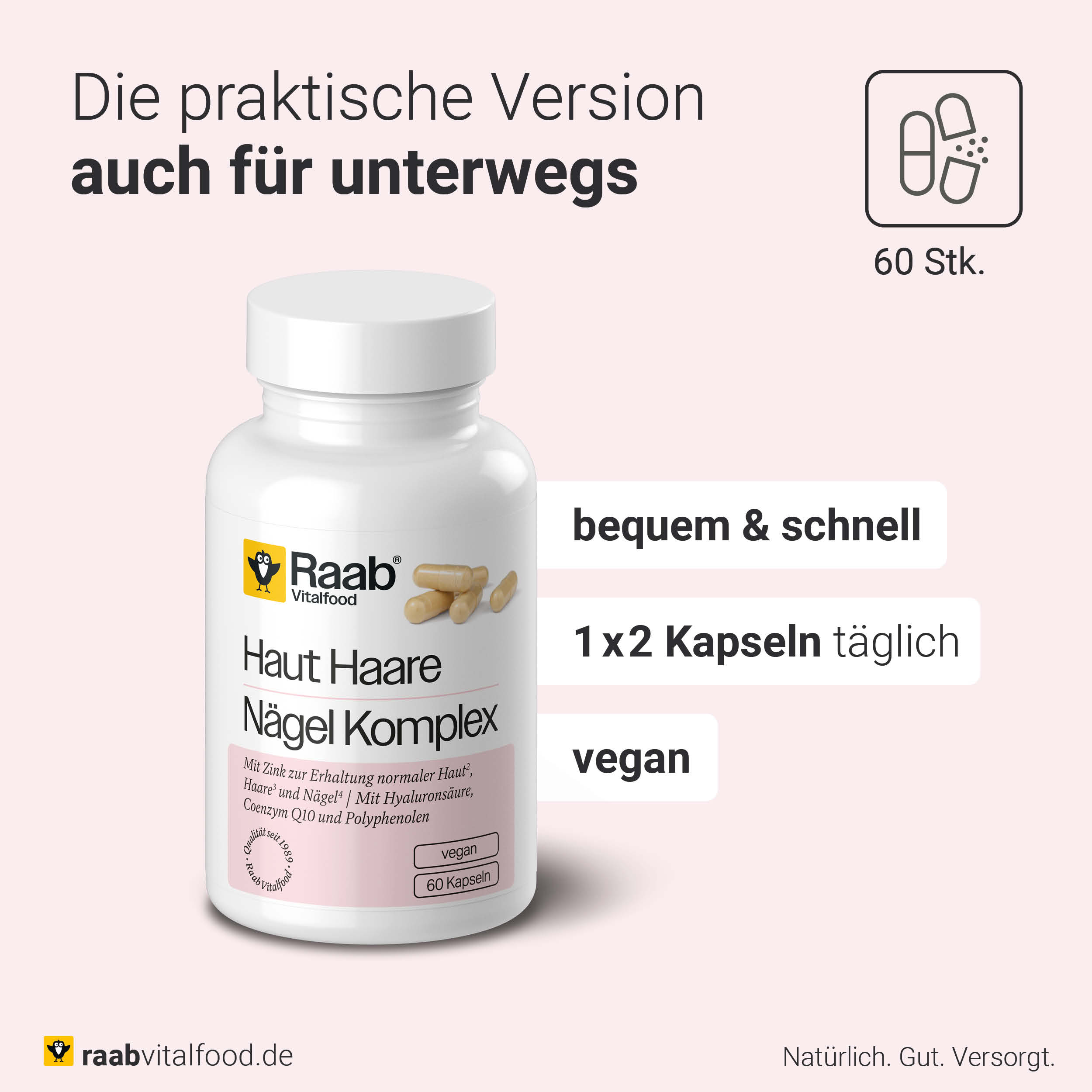Haut Haar Nägel Komplex Einnahme - 2 vegane Kapseln täglich, 60 Kapseln pro Dose, vegan