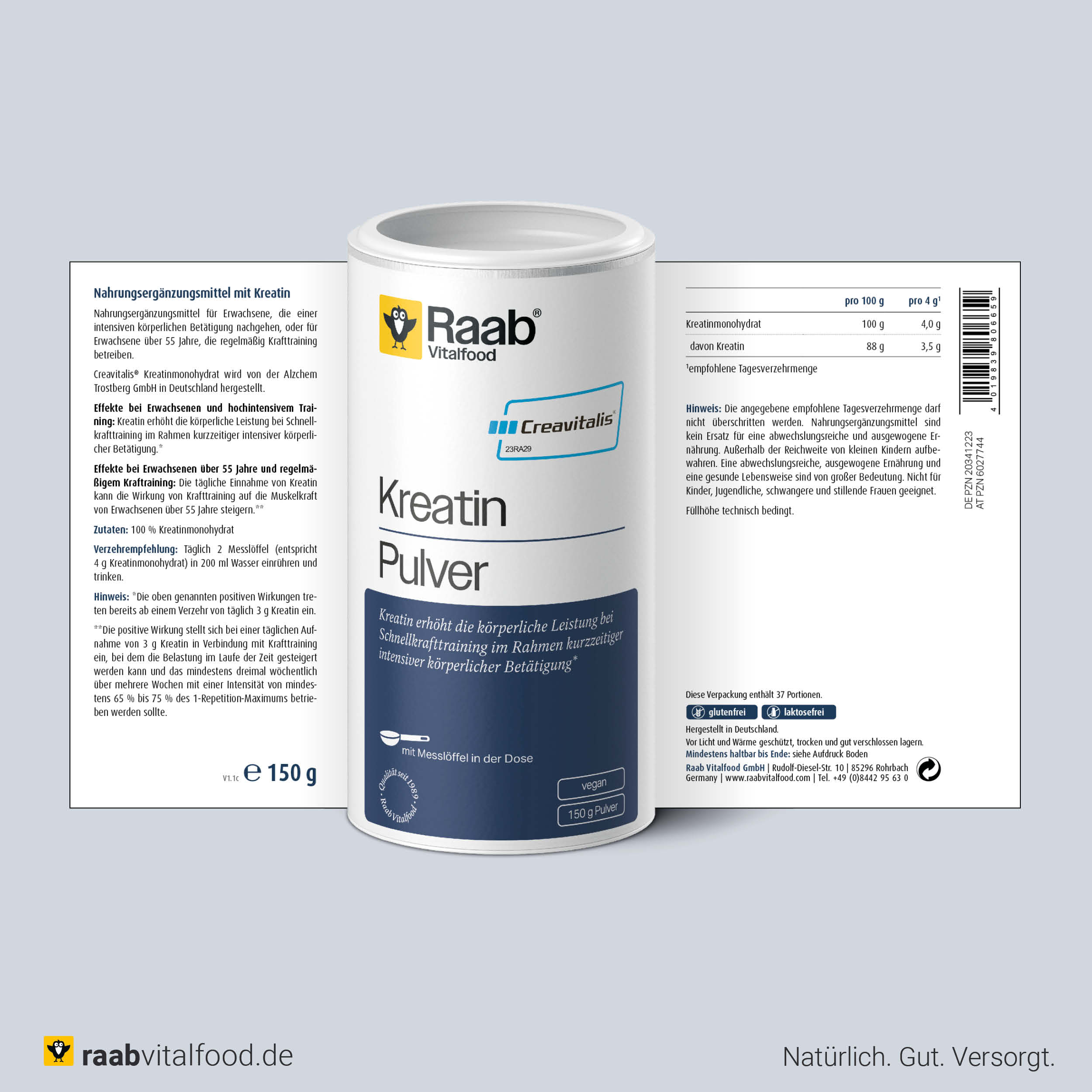 Vorder- und Rückseite der Verpackung Raab Kreatin Pulver mit Zutatenliste, Nährwerten und Einnahmeempfehlung, 150g